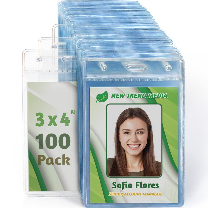 EcoEarth Vertical Name Badge Holders with Soft Edge (Large 3x4, 100 Pack) Clear Plastic Pouch for ID Name Tags, Conference Nametag Sleeves, No Zipper for Quick and Easy Loading of Card Inserts - Image 1